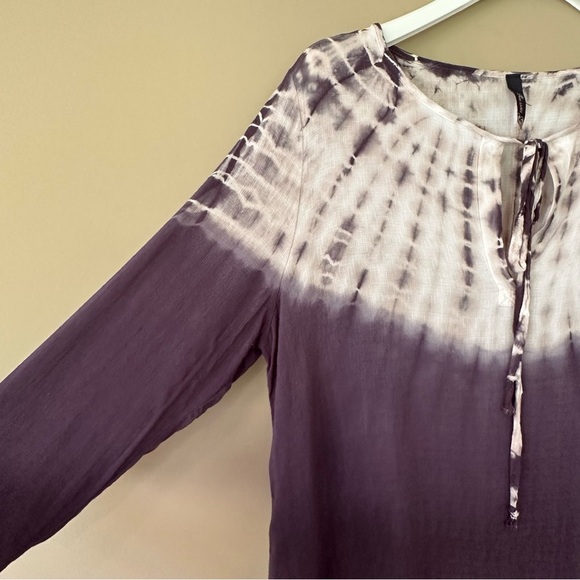 Medium Tie Dye Tunic Top Tie Front 3/4 Sleeves Blue Nautical Casual Boho Hippie - Picture 3 of 6